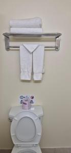a bathroom with a toilet and towels on a wall at Mammas Inn in Niagara Falls +50 photos