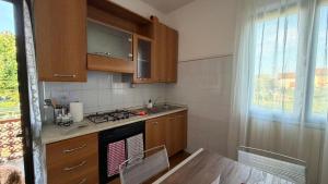a kitchen with wooden cabinets and a stove top oven at Casa Irene in Marina di Massa