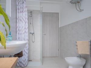 a bathroom with a shower and a sink and a toilet at Apartments Bukor with seasonal pool in Lukovica pri Domžalah