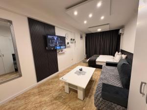 a room with a bed and a couch and a tv at Sarajevo Center Point in Sarajevo