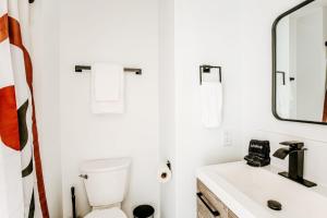 a bathroom with a toilet and a sink and a mirror at Grey Pine Lodge in Waynesboro