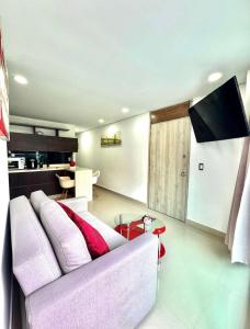 a living room with a couch and a flat screen tv at Apartamento Tranquilo y Acogedor in Sabaneta