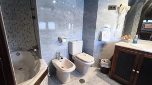 a bathroom with a toilet and a shower and a sink at Casona El Gurugu in Luarca +51 photos