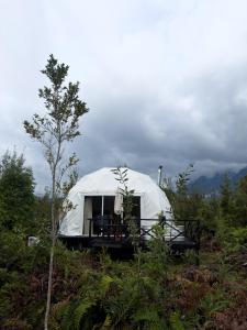 a white tent sitting on top of a hill at Refugio Volcán Hornopiren in Hornopiren +36 photos