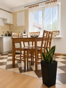 a kitchen with a wooden dining room table and chairs at APARTMENT ON THE ROAD S-61 in Szypliszki