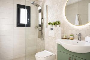 a bathroom with a sink and a toilet and a mirror at Villa Pinelopi Tria in Kounopetra +8 photos