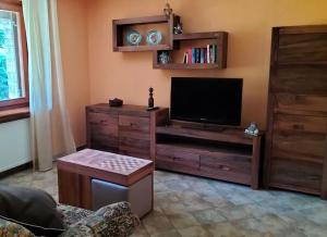 a living room with a flat screen tv on a wooden entertainment center at La Betulla in Oyace