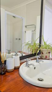 a bathroom counter with a sink and a mirror at Cruise Cottage in Stanford