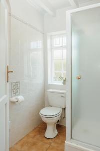 a white bathroom with a toilet and a window at Dove Cottage in Stanford +17 photos