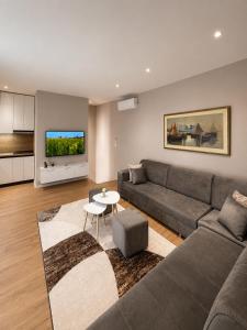 a living room with a couch and a tv at ODA Central Stay in Elbasan