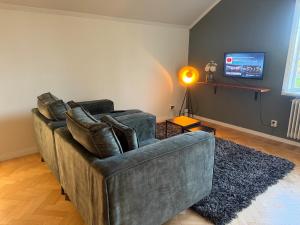 a living room with a couch and a television at Apartment Målargården in Uddeholm