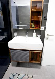 a bathroom with a sink and a mirror at Vila Lian Apartaments in Belsh +18 photos