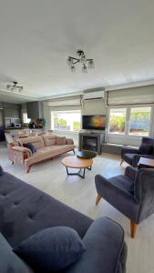 a large living room with couches and a fireplace at Platan Paradise in Maronia