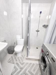 a bathroom with a toilet and a washing machine at Saltanat hotel in Alghabas