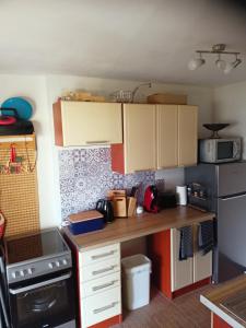 a kitchen with a wooden counter top in a room at Kamenec chata Thermal Kamenec in Kaluža