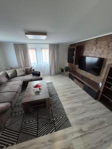a living room with a couch and a flat screen tv at Ferienwohnung Agava in Michelstadt