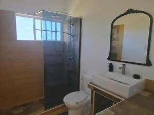 a bathroom with a toilet and a shower and a sink at Ackee Haven Comfortable Spacious Home in Poor Mans Corner