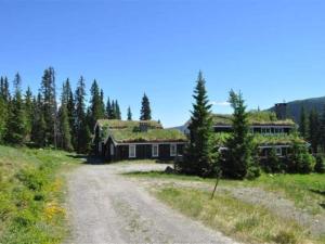 a house with a grass roof on a dirt road at 4 star holiday home in Fåvang in Favang