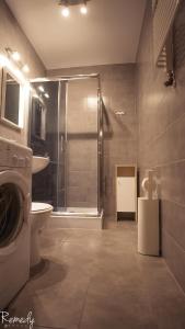 a bathroom with a shower and a toilet and a sink at Apartamenty Sedinum - Brama Portowa in Szczecin