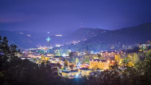 a city lit up at night with mountains in the background at By The Night in Pigeon Forge +4 photos