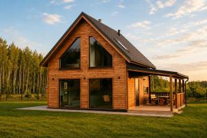 a wooden house with a roof on a field at Rumiane Chatki - Domki z Jacuzzi i Basenem in Rybno