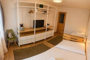 a bedroom with a bed and a entertainment center with a television at Apartmány Lipno 46 in Lipno nad Vltavou