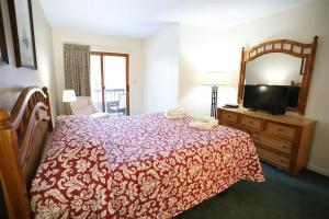 a bedroom with a bed and a mirror and a television at Deer Park Condo 165D Vacation Rental near Loon Mountain in Woodstock +6 photos
