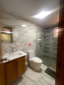 a bathroom with a toilet and a sink and a shower at Las Tres Casitas in San Felipe de Puerto Plata +2 photos
