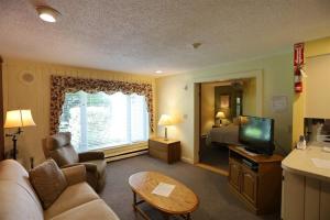 a living room with a couch and a television and a bed at Inns of Waterville Valley 105 One Bedroom Garden Level Unit at Inns of WV in Waterville Valley