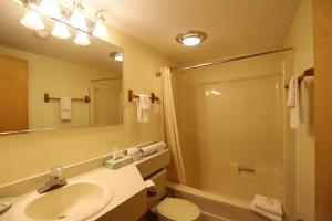 a bathroom with a sink and a shower and a toilet at Inns of Waterville Valley 105 One Bedroom Garden Level Unit at Inns of WV in Waterville Valley