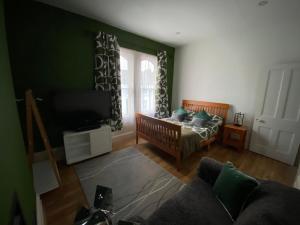 a living room with a couch and a tv at City Centre Double Room in Truro