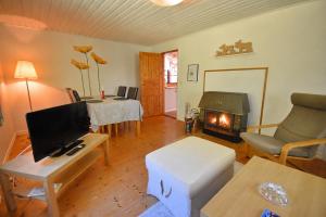a living room with a fireplace and a television at "Tuna Sol" in Vimmerby