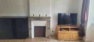 a living room with a fireplace and a television at Studio la Romagne in La Romagne