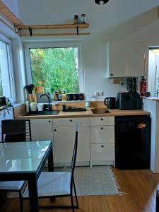 a kitchen with a sink and a table and a window at Siedlisko Niwy in Łęki Szlacheckie +29 photos
