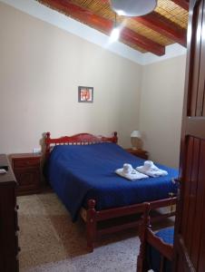 a bedroom with a blue bed with towels on it at HOSPEDAJE LA CASONA DE CACHI in Cachí
