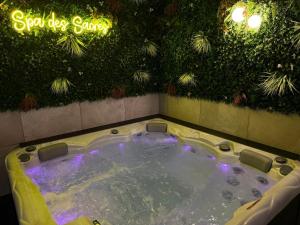 a jacuzzi tub in a room with plants at Spa des Sacres - Suite avec Jacuzzi Privatif in Reims