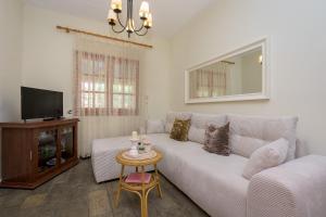 a living room with a white couch and a tv at Agia Paraskevi Villa Olive in Makri