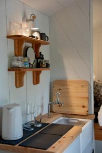 a kitchen with a sink and a counter top at Shepherds Hut in Penzance in Newlyn