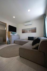 a living room with a couch and a flat screen tv at Világos Kert Oliva House Steam in Balatonvilágos