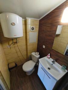 a bathroom with a white toilet and a sink at Guest House Dacha in Karolino-Buhaz +91 photos