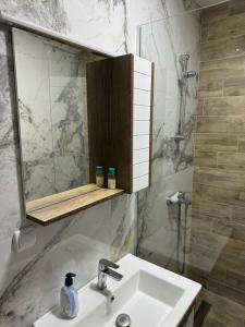 a bathroom with a sink and a mirror and a shower at Vila Manuela in Gevgelija +52 photos