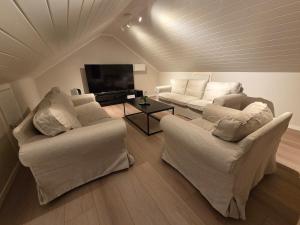a living room with two couches and a flat screen tv at Unique Villa by a beautiful lake in Omberg