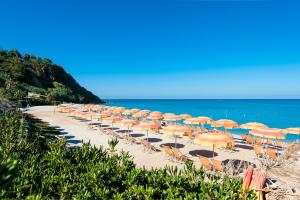a line of umbrellas and chairs on a beach at Stromboli Beach Tropea in Santa Domenica