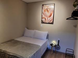 a bedroom with a bed and a painting on the wall at Studio Moderno e Prático Wi-Fi Rápido e AC in Ribeirão Preto