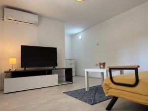 a living room with a flat screen tv and a chair at Ottov Raj Na Dunavu in Krčedin