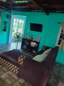 a living room with a large bed and a green wall at Casa HerShei in Orange Walk
