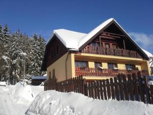 a house with a fence covered in snow at Apartmány u Jiroušů in Rokytnice nad Jizerou