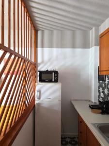 a kitchen with a refrigerator with a microwave on top at Levanta apartment in Asprovalta