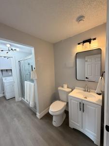 a bathroom with a toilet and a sink and a mirror at my place to be in Port Charlotte +37 photos
