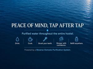 a poster for a piece of mind taped to the water at Puerta Vieja Hostel in San Cristóbal de Las Casas